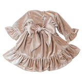 Grace Velour Dress with Removable Satin Sash - Sheer Beige