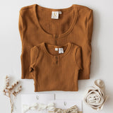 Willow Long Sleeve Henley Cotton Top - Antique Gold